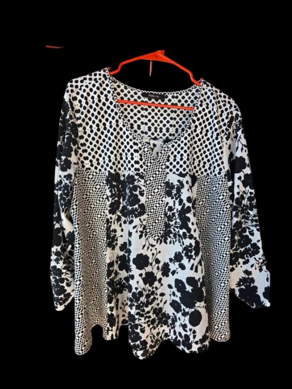 Style &Co Sz 3X Black & White Mixed-Print Pullover Top